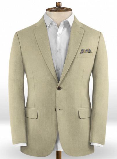Anzug aus beigefarbener Wolle mit fallendem Revers im Retro- und modernen Stil_2