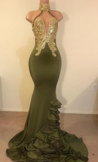 Sparkle Gold Appliques Sexy Prom Dress on Mannequins 2022 | Mermaid Ruffles Halter Cheap Evening Gowns_1