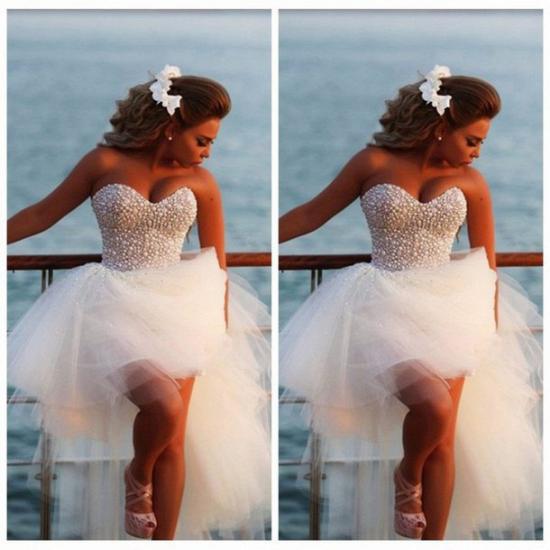 Kristallweißes Schatz-Tüll-Strand-Wediing-Kleid, süßes Ballkleid, neueste Sommer-Brautkleider mit Perlenstickerei_3