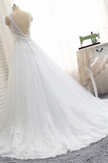 TsClothzone Modest Longsleeves V-neck Lace Wedding Dresses White Tulle A-line Bridal Gowns With Appliques Online_3