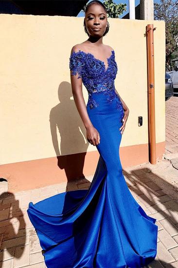 Royal Blue Off-the-shoulder Mermaid Prom Dresses with Lace Appliques and Chapel Train_1