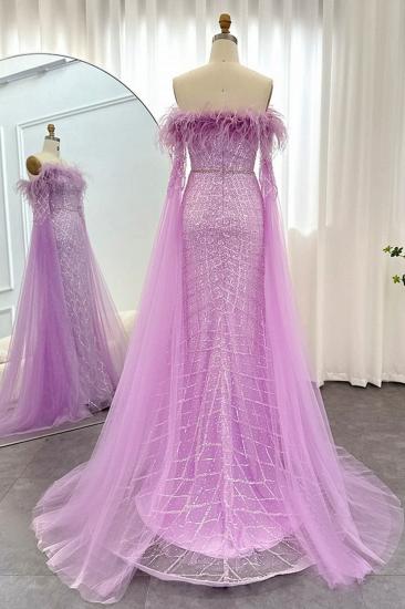 Glamorous Glitter Beading Mermaid Evening Gowns Fur Tulle Long Party Dress with Cape Sleeves_2