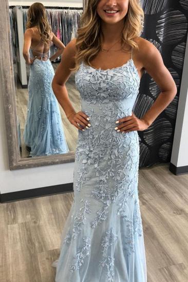 Elegant Sky Blue Spaghetti Strap Lace Applique Simple Long Prom Dress