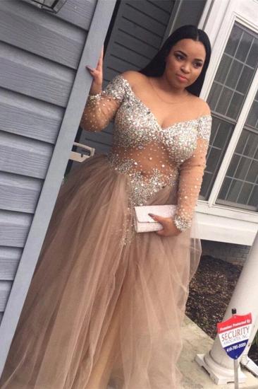 Delicate Plus-Size Stunning Long-Sleeve Tulle Split Crystal Prom Dress_1