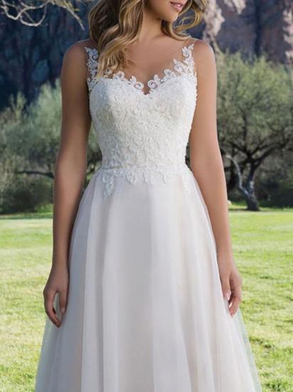 Simple V Neck Tulle Ivory Sleeveless Lace A-Line Wedding Dresses_3