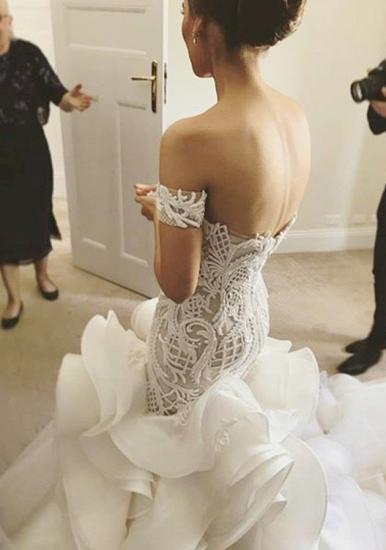 Wunderschöne schulterfreie Meerjungfrau Rüschen Brautkleider | 2022 White Lace Appliques Zipper Wedding Dress_2