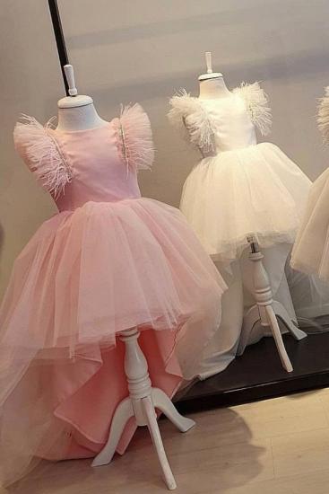 Pink Tulle High Low Flower Girl Dresses | Lovely White Cap Sleeves Little Girls Pageant Dresses_1