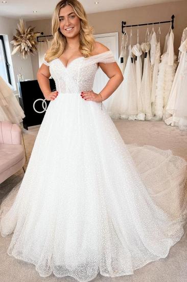 Elegant Off-the-Shoulder Pearls Wedding Dress Aline White Bridal Dress for Women