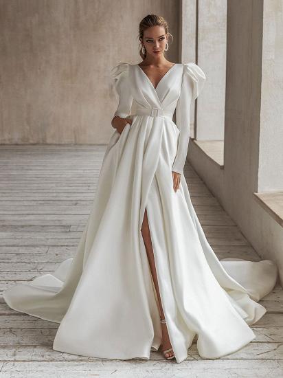 Wunderschöne Satin White Split Rüschen V-Ausschnitt Brautkleider mit langen Ärmeln