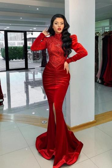 Stunning Red Velvet High Neck Mermaid Prom Dress Long Sleeves_1