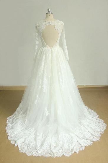Wunderschönes Langarm-Hochzeitskleid mit weißen Applikationen | Tüll-Spitze-Juwel-Brautkleid_3