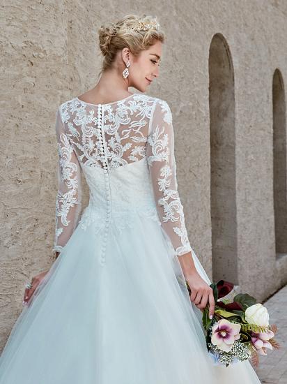 Beautiful Ball Gown Wedding Dress Bateau Lace Tulle Long Sleeves Bridal Gowns with Chapel Train_16