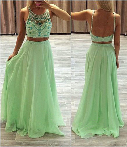 A Line Chiffon Green Evening Dresses 2022 Two Piece Prom Dress with Beads