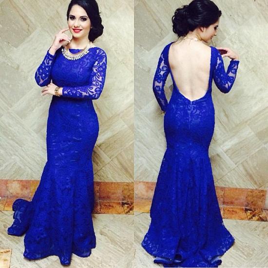 Blackless Royal Blue Lace 2022 Long Prom Dresses with Fishtail Long Sleeves Sexy Evening Dresses_2