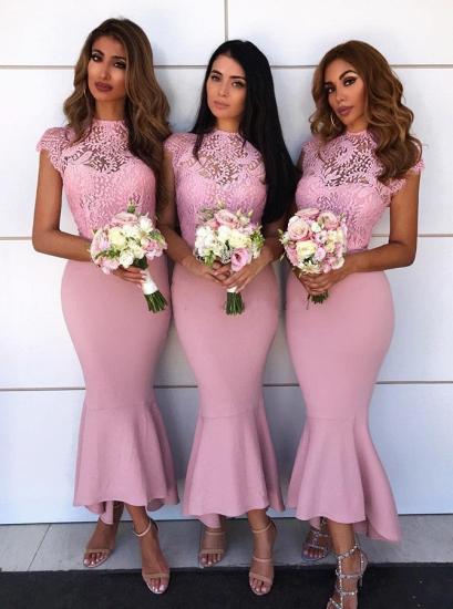 Delicate Lace Cap Sleeves Bridesmaid Dresses At Ankle Length | Sheath High Neck Lace Dress Formal Wedding Party Dresses_1
