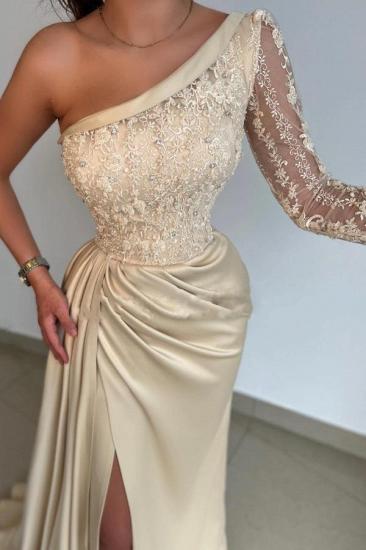 Champagne One Shoulder Long Sleeve Prom Dresses With Lace_3