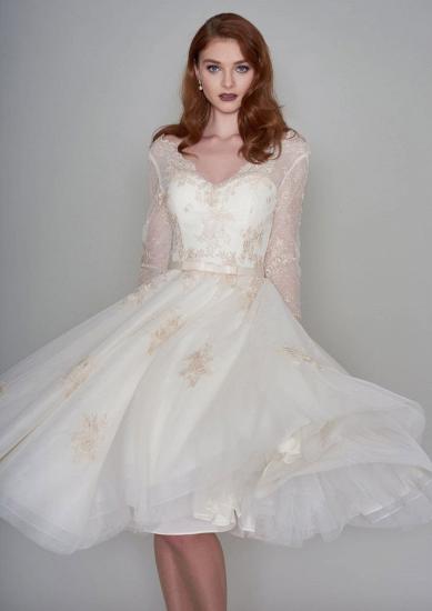 Long sleeves V-neck Ivory Short Lace Summer Wedding Dress_6