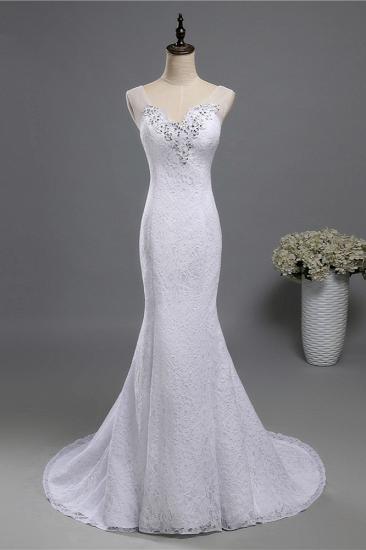 TsClothzone Stilvolles Meerjungfrau-Hochzeitskleid aus weißer Spitze mit V-Ausschnitt und ärmellosen Pailletten-Brautkleidern