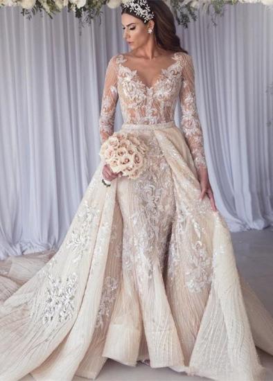 Sexy Long Sleeve Lace Mermaid Overskirt Wedding Dress Bridal Gowns_3
