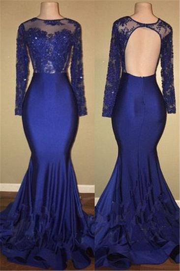 Sexy Open Back Royal Blue Real Model Prom Dresses | Lace Long Sleeve Mermaid Evening Gown_1