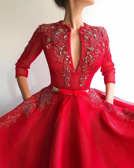 Sparkly Sequins Tüll mit V-Ausschnitt Red Prom Dress | Charmantes Juwel 3/4 Ärmel Applikationen langes Abendkleid_2