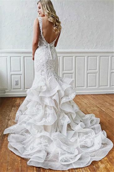 Sexy Lace V-Neck Mermaid Wedding Dresses | Sheer Ruffles Sleeveless Backless Floral Bridal Gowns_2