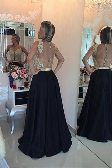2022 Black Prom Dresses Sleeveless Gold Beads Illusion Back Evening Gowns_3