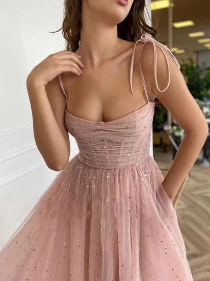 A-Line Ruffles Spaghetti Straps Sleeveless Ankle-Length Tulle Formal Party Dresses_4