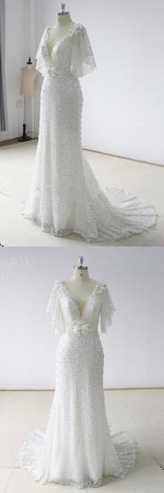 TsClothzone Elegant Stunning Sequins White Tulle Wedding Dress Sweep Train Mermaid Short Sleeve Bridal Gowns On Sale_5