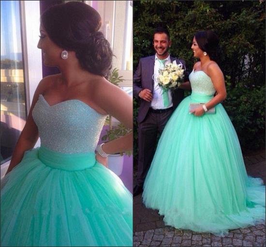 Cute Sweetheart Crystal Long Prom Dress Light Green Tulle Ball Gown Quinceanera Dresses_2