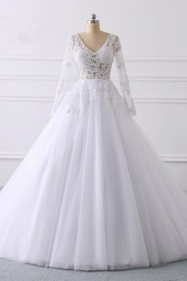TsClothzone Elegantes Brautkleid mit V-Ausschnitt und langen Ärmeln, weißes Tüll, Spitzenapplikationen, Brautkleider im Angebot_2