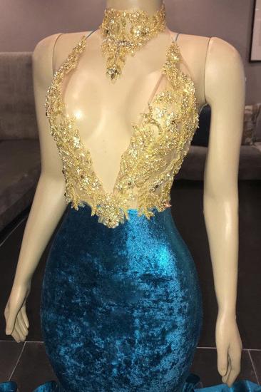High Neck Illusion Neckline Sleeveless Long Train Appliqued Mermaid Prom Gowns_2