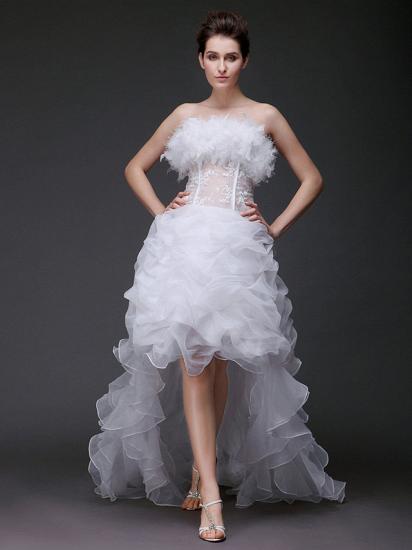 Asymmetrical Ball Gown Strapless Wedding Dress Organza Sleeveless Bridal Gowns with Sweep Train