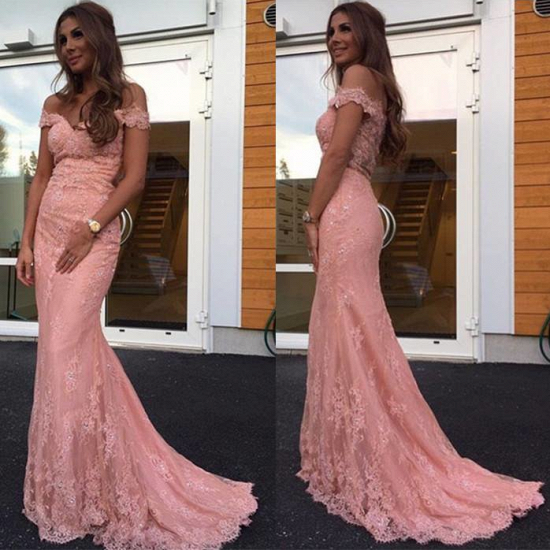 Pink Mermaid Off the Shoulder Prom Dresses 2022 Lace Sweep Train Evening Gowns_1