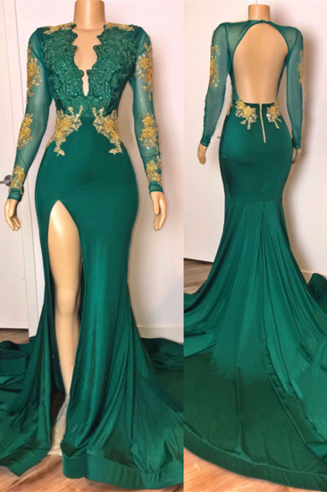 Open Back Sexy Side Slit Green Prom Dresses Long Sleeves On Sale_1
