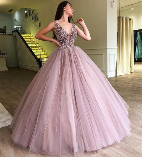 Stunning Ball Gown Tulle Beading Straps Sleeveless Prom Dress_4