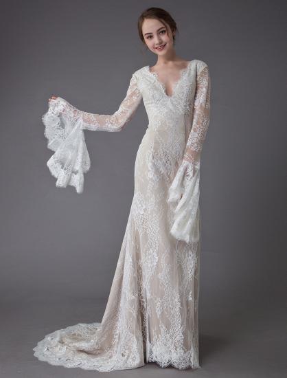 Vintage Deep V Neck Long Sleeves Lace A-Line Wedding Dresses_8