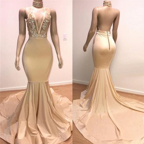 Cheap Backless Champagne Prom Dresses | Crystals Appliques Mermaid Sexy Formal Evening Gowns_2