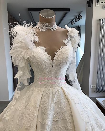 Long-Sleeves Brilliant High-Neck Appliques Flowers Feather Wedding Dresses_3