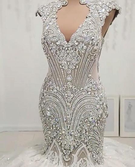 New Arrival V Neck Cap Sleeve Beads Crystals Mermaid Wedding Dress Lace Applique_1
