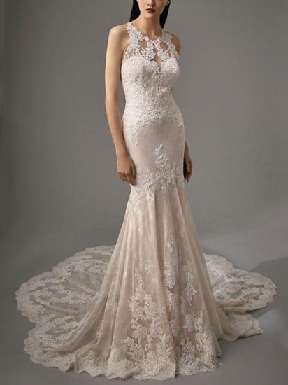 Sexy Sheath Wedding Dress Jewel Lace Sleeveless Bridal Gowns in Color with Chapel Train_3