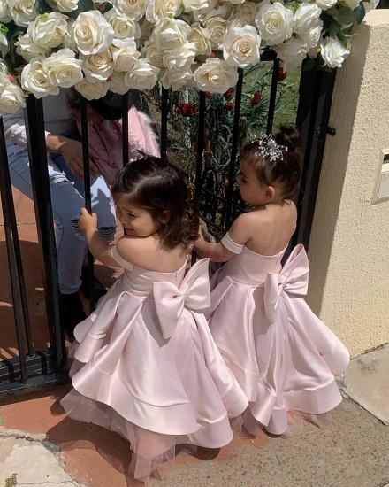 Cute Off the Shoulder Pink Long Flower Girl Dresses | Tiered Little Girls Dress with Big Bowknot Design at the Back_2