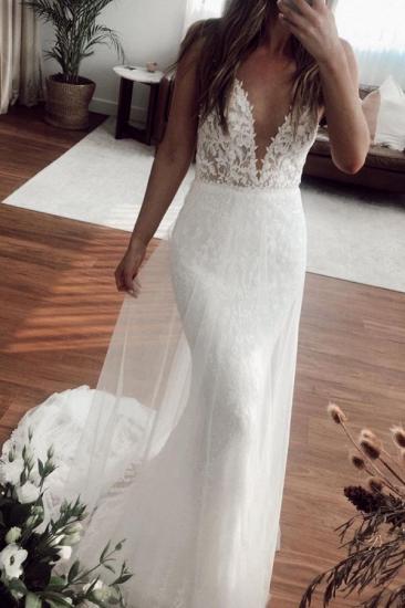 Deep V-neck Spaghetti Straps Mermaid Wedding Dresses | Appliques Pleated Bridal Gowns_1