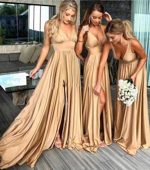 Sexy ärmellose Brautjungfernkleider mit V-Ausschnitt 2022 | Einfaches, billiges Brautjungfernkleid mit seitlichem Schlitz_4