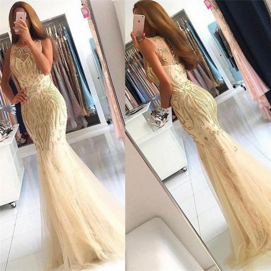 Beaded Crystals Mermaid Tulle Sexy Evening Gown Champagne Affordable Prom Dress_3