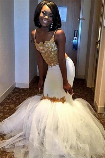 Gold Lace Appliques Prom Dresses 2022 | Sheath Puffy Tulle Straps Evening Dress Sexy_3