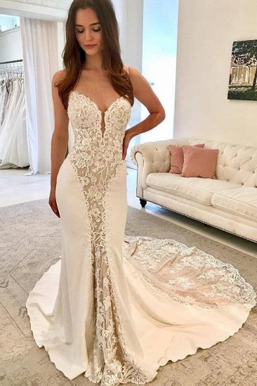 Gorgeous Mermaid Spaghetti Straps Bridal Gown | 2022 Sleeveless Lace Appliques Wedding Dresses_1