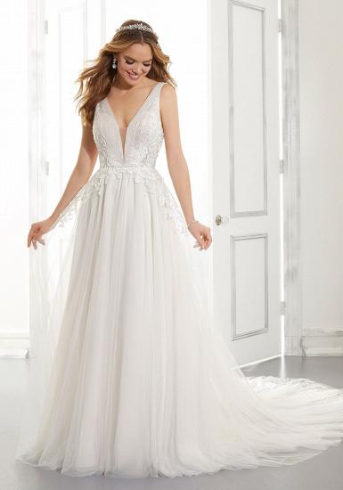 Weißes rückenfreies Brautkleid mit V-Ausschnitt, Tüllspitzenapplikationen, Brautkleider_4