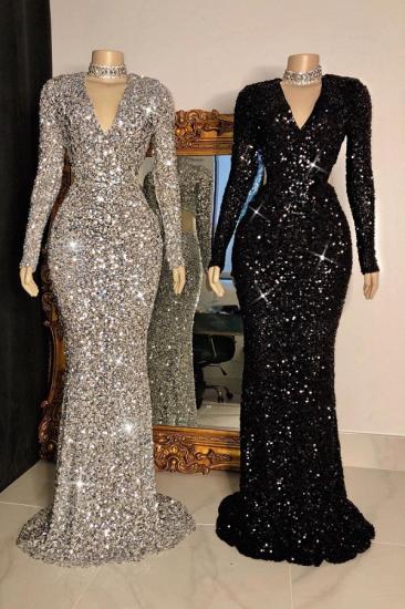 Glittering Crystal Sequins Long Sleeves V-neck Mermaid Prom Dresses
