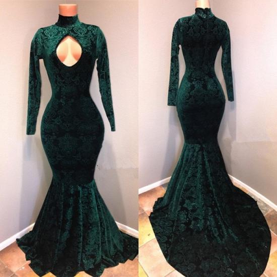 Dark Green 2022 Lace High Neck Prom Dresses | Sexy Keyhole Long Sleeves Mermaid Evening Gowns_2